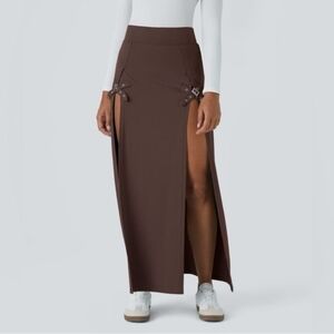 NWT HALARA Brown High Waisted Decorative Buckle Split 2-in-1 Maxi Casual Skirt